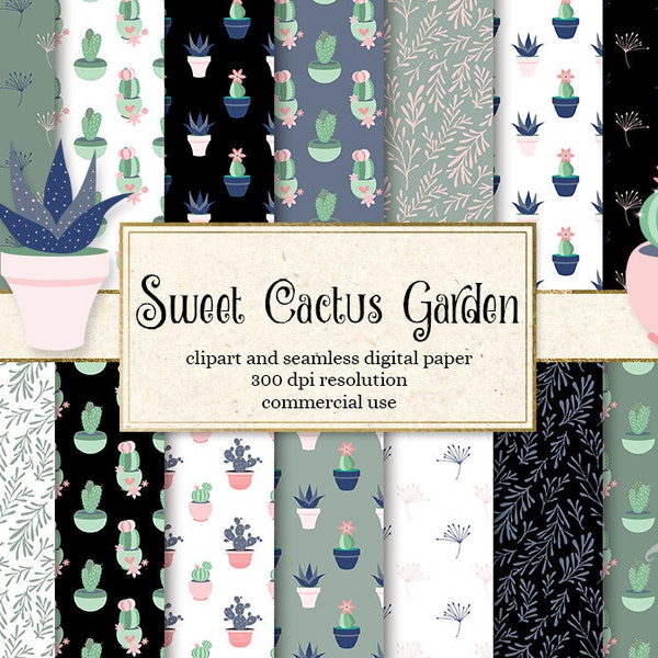 Sweet Cactus Garden digital scrapbooking kit, cactus clipart, seamless digital paper, cactus patterns, backgrounds, desert digital paper