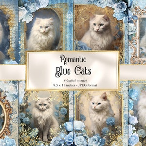 Papier de journal romantique de chats bleus, pages de journal de rebut rococo de papier numérique de cahier imprimable 8,5 x 11 pouces téléchargement instantané