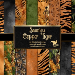 Könnte beinhalten: Ein Set mit 25 digitalen nahtlosen Mustern mit kupferfarbenen Tigern, Palmblättern und geometrischen Designs. Die Muster haben eine Auflösung von 300 dpi und sind für kommerzielle Zwecke bestimmt.