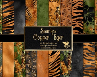 Copper Tiger Digital Paper, seamless tiger stripe patterns, animal print in Art Deco style instant download commercial use