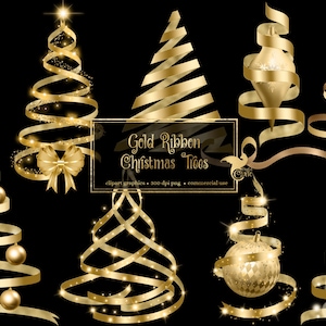 Gold Ribbon Christmas Tree Clip Art - Feiertag glitzernde Png Grafiken zum sofortigen Download kommerziell nutzbar