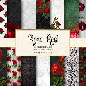Rose Red Digital Paper, floral digital scrapbooking backgrounds, black and red lace, magic enchanted rose flower printable backgrounds