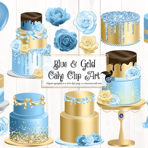 Blue and Gold Cakes Clipart, baby shower birthday and wedding cake clip art instant download for commercial use