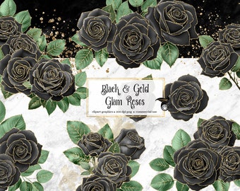 Black and Gold Roses Clip Art, Glam Gothic Flowers (Digital Download)