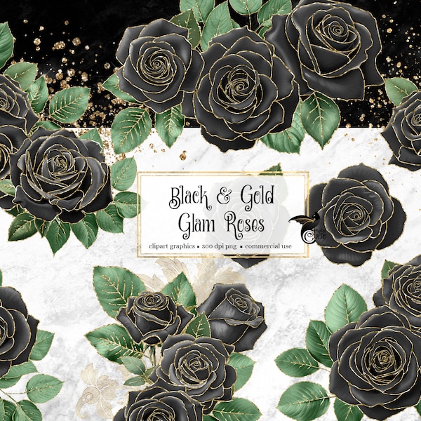 Black and Gold Glam Rose Clip Art, digital instant download flower png embellishments, gothic glitter roses