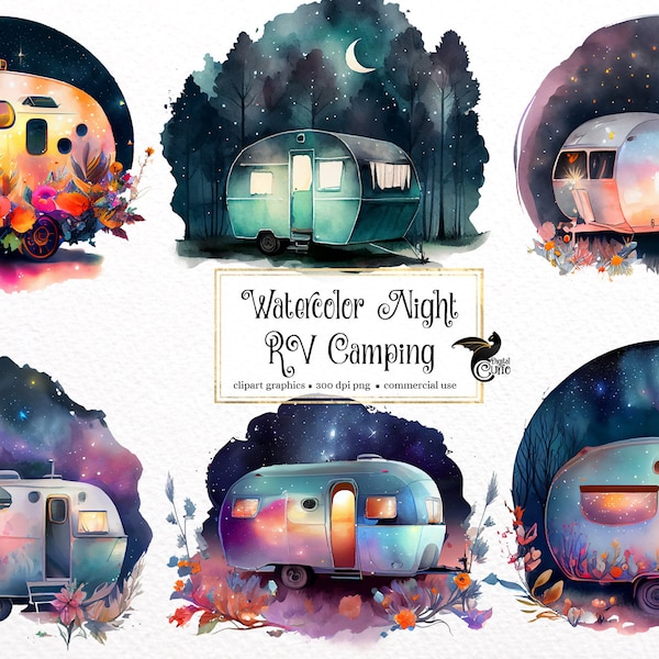 Watercolor Night RV Camping Clipart, digital graphics for camping for commercial use instant download commercial use