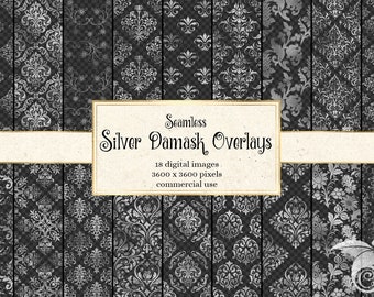 Silver Damask Pattern Overlays, seamless silver patterns in PNG format with transparent backgrounds instant download commercial use