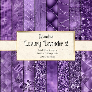 Luxury Lavender Digital Paper, seamless purple textures with metallic glitter and tufted backgrounds for printable and commercial use
