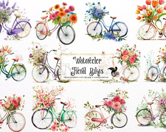 Watercolor Floral Bicycle Clipart - spring flowers watercolor PNG format instant download for commercial use