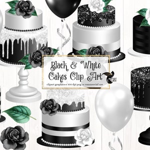 Black and White Cakes Clipart, birthday and wedding cake clip art instant download for commercial use