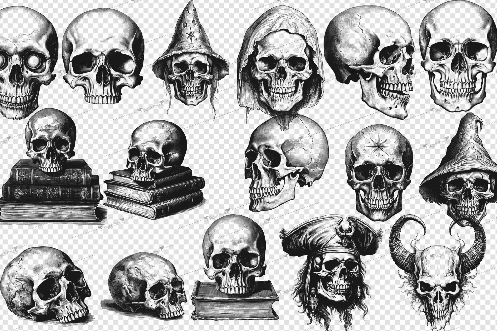 Vintage Creepy Skulls Clipart, Antique Halloween Clip Art Graphics