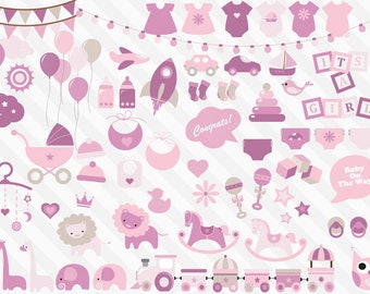 Pink Baby Shower Clipart, Girl Jungle Animals, Vector Graphics (Commercial Use)