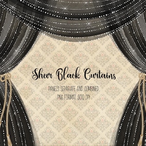 Imágenes prediseñadas de cortinas negras transparentes, cortinas de diamantes, cortinas de escenario con brillo de diamantes, cortinas de teatro para invitaciones, pegatinas de planificador, archivo PNG