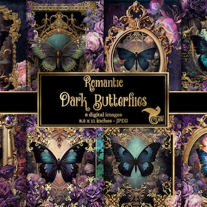 Romantische dunkle Schmetterlinge Journal Papier, Notizbuch digitales Papier Rokoko Fantasy Junk Journal Seiten printable 8,5x11 Papier sofortiger download