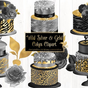 Wild Silver en Gold Cakes Clipart, luxe verjaardag en bruidstaart clip art instant download voor commercieel gebruik
