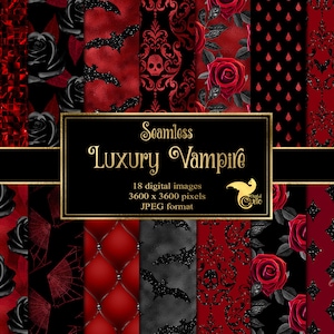 Luxe digitaal vampierpapier, digitaal Halloween-papier, naadloos Halloween-achtergronden zwart en rood damastroos gothic plakboekpapier
