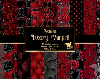 Luxury Vampire Digital Paper, Halloween Digital Paper, seamless Halloween Backgrounds Black and Red Damask Rose gothic scrapbook paper