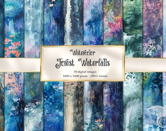 Watercolor Forest Waterfall Backgrounds, Floral Landscape (Digital Paper)