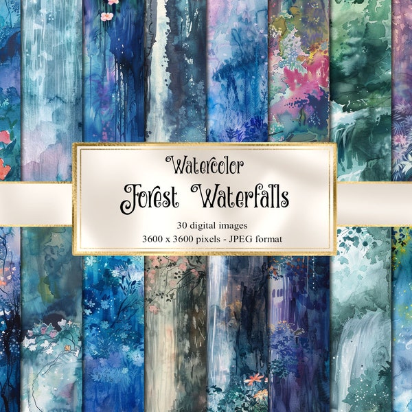 Watercolor Forest Waterfall Backgrounds, watercolour wash digital paper, floral forest landscape printable scrapbook paper