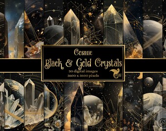 Cosmic Black and Gold Crystals Digital Paper, celestial digital paper fantasy scrapbook pages printable paper instant download