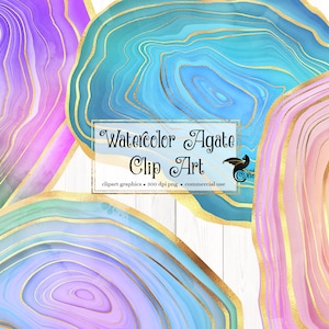May include: Four watercolor agate clip art graphics with gold accents. The agates are in shades of pink, blue, purple, and green.
