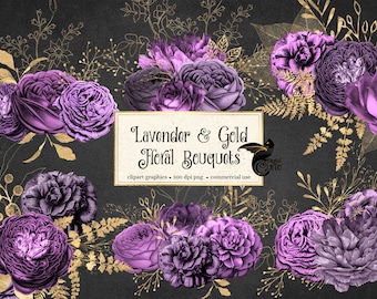 Lavender and Gold Floral Bouquets Clipart, digital instant download purple and gold foil wedding flower png embellishments commercial use