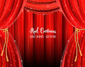 Red Curtains Clipart, red curtain backdrop clip art graphics, stage curtains, theater curtains, red and gold drapes, overlays, backgrounds