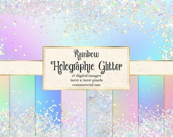 Rainbow Holographic Glitter Digital Paper, printable scrapbook paper with holo iridescent textures instant download for commercial use