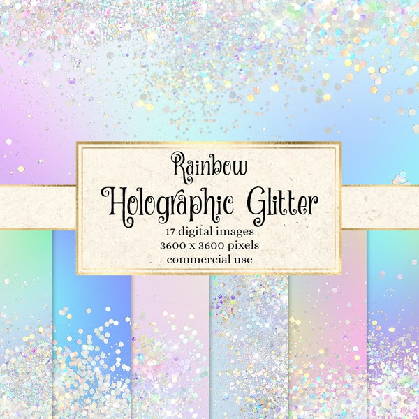 Rainbow Holographic Glitter Digital Paper, printable scrapbook paper with holo iridescent textures instant download for commercial use