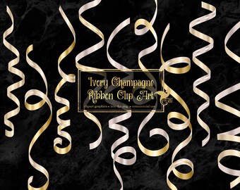 May include: A set of ivory and gold curling ribbon clip art. The ribbons are arranged in a random pattern on a black marble background. The text "Ivory Champagne Ribbon Clip Art" is displayed in a black frame.