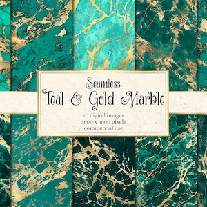 Teal and Gold Marble Digital Paper, seamless marble textures, printable scrapbook paper natural stone backgrounds