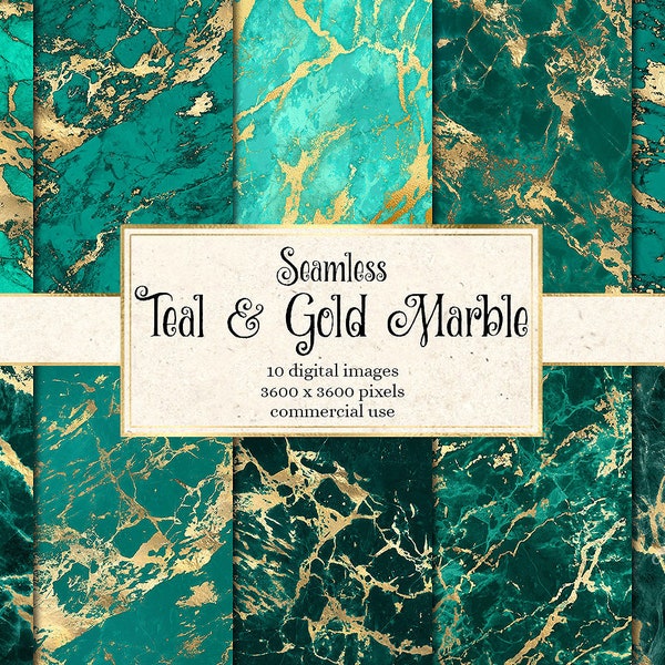 Teal and Gold Marble Digital Paper, seamless marble textures, printable scrapbook paper natural stone backgrounds