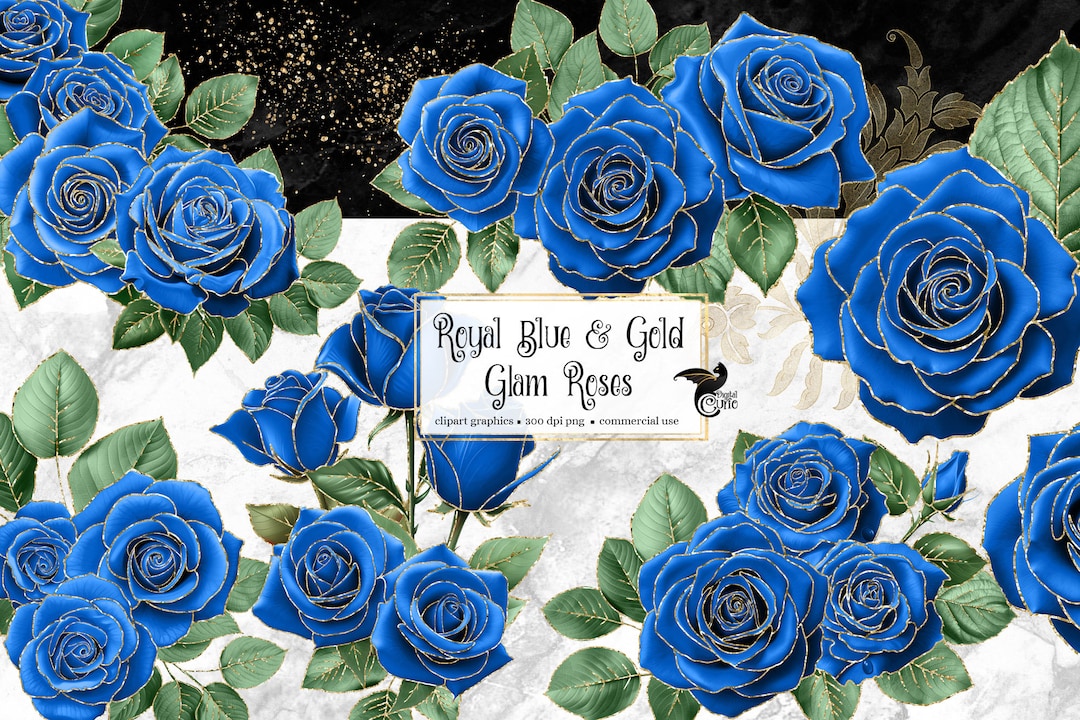 Royal Blue and Gold Glam Rose Clip Art, Digital Instant Download