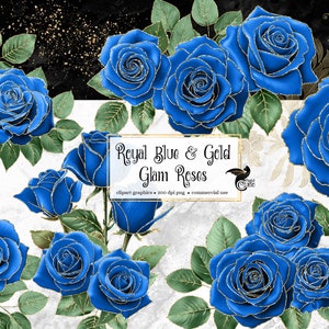 Clipart rose glam rose royal et or, embellissements png de fleurs scintillantes téléchargement numérique instantané, rose bleue, roses scintillantes d'or