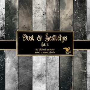 May include: Digital images featuring a distressed wood texture in shades of gray, black, and white. The images have a weathered appearance with scratches and dust effects. A black banner with gold trim and text that reads "Dust & Scratches Set 2" is in the center.