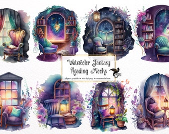 Clipart aquarel Fantasy Reading Nook – Galaxy Home Library, png (digitale download)