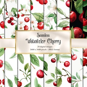 Papel Digital de cereza de acuarela, texturas imprimibles de frutas sin costura papel de álbum de recortes imprimible