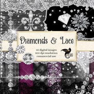 Diamonds and Lace Digital Scrapbooking Kit, diamond clipart velvet textures digital paper diamond confetti overlays wedding clip art