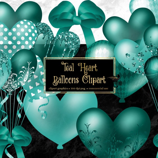 Teal Heart Balloons Clipart - digital clip art graphics for party invitations and commercial use designs
