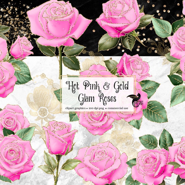 Hot Pink and Gold Glam Rose Clip Art, digital instant download glitter flower png embellishments, pink rose, gold glitter roses