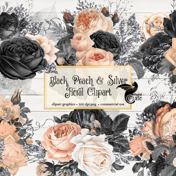 Black Peach and Silver Floral Clipart, vintage flower clip art silver glitter baby pink Gothic rose bouquets instant download commercial use