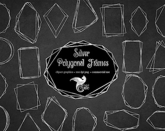 Silver Polygonal Frames Clipart, geometric silver foil frame clip art graphics instant download commercial use