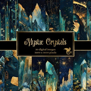 Puede incluir: Un paquete de papel digital con 30 imágenes de cristales azules y dorados, estrellas y elementos florales. El texto "Mystic Crystals" está en el centro de la imagen. Las imágenes son de 3600 x 3600 píxeles.