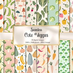 Papier numérique végétariens mignons - téléchargement immédiat de motifs de fond végétaux pastel sans soudure pour un usage commercial