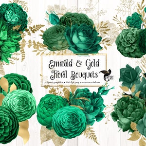 Emerald and Gold Floral Bouquets Clipart, digital instant download green and gold foil flower png embellishments for commercial use image 1