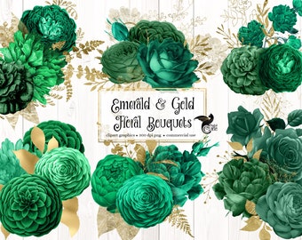 Emerald and Gold Floral Bouquets Clipart, digital instant download green and gold foil flower png embellishments for commercial use