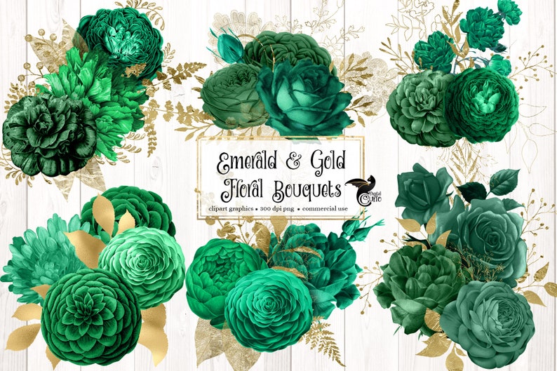 Emerald and Gold Floral Bouquets Clipart, digital instant download green and gold foil flower png embellishments for commercial use image 1
