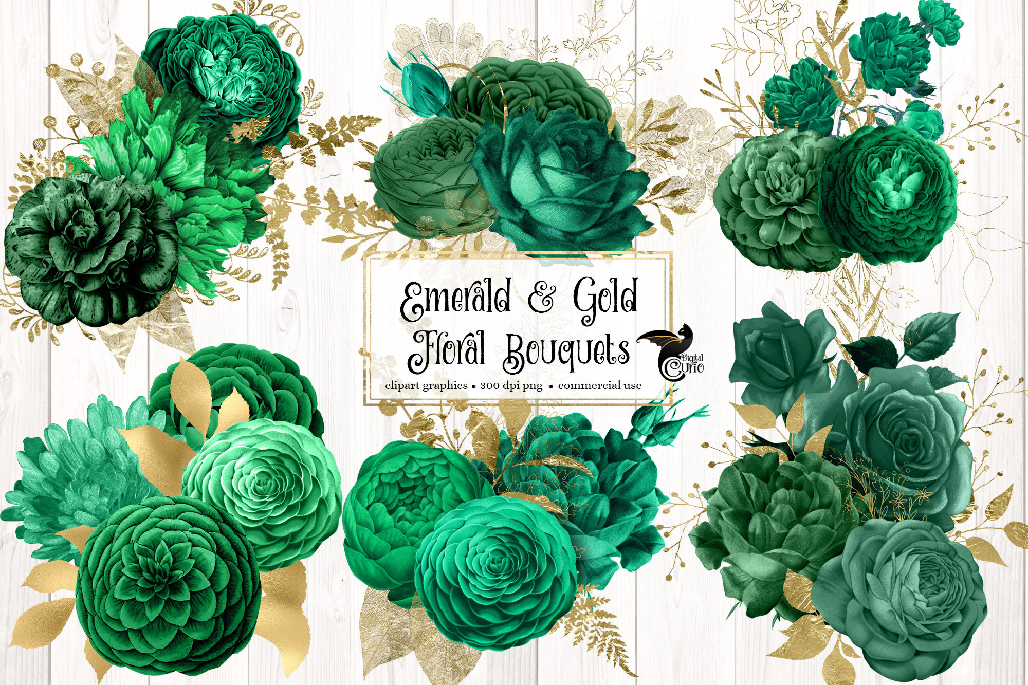 Emerald and Gold Floral Bouquets Clipart Digital Instant - Etsy