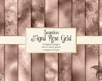 Aged Rose Gold Digital Paper, seamless textures, grunge distressed antique rose gold backgrounds, vintage tileable foil, metal, metallic