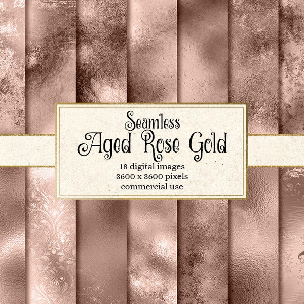 Aged Rose Gold Digital Paper, seamless textures, grunge distressed antique rose gold backgrounds, vintage tileable foil, metal, metallic